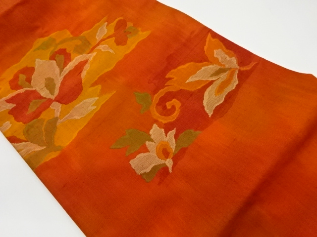 JAPANESE KIMONO / VINTAGE NAGOYA OBI / TSUMUGI / WOVEN FLOWER ARABESQUE